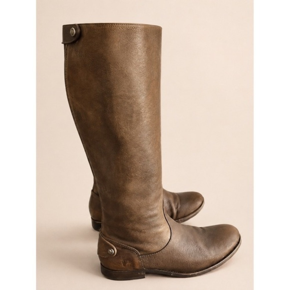 Frye Melissa Brown Leather Back Zip Button Tall Riding Boots Round Toe 8B Brown